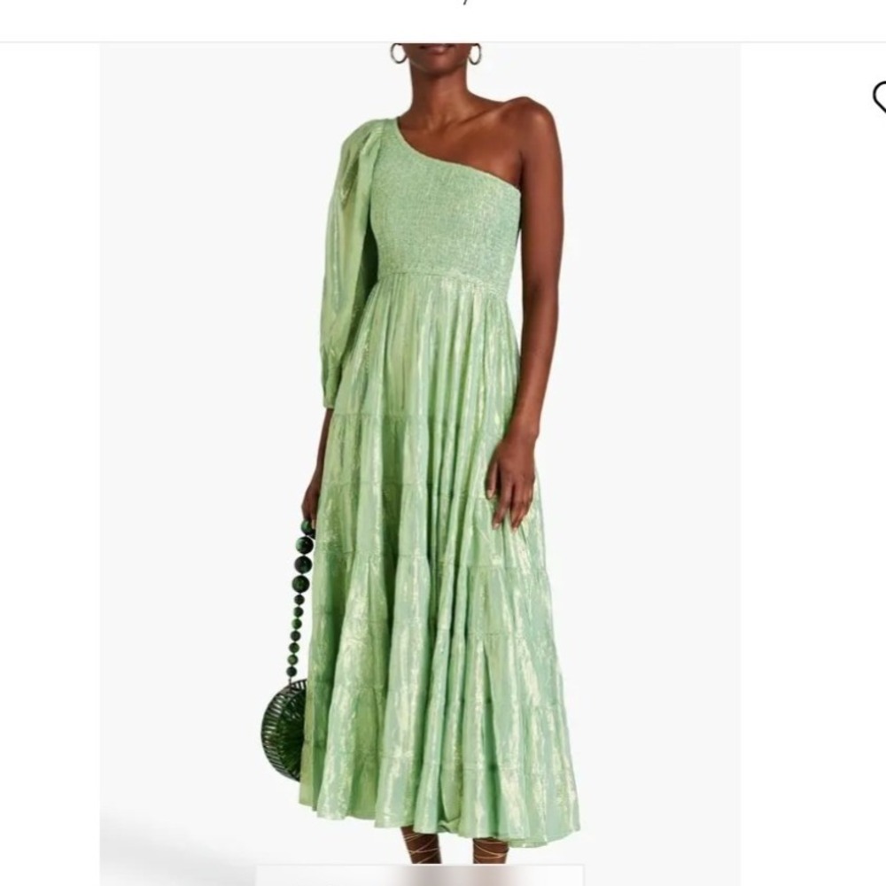 Sundress Joanna One-Sleeve Maxi Dress Aquamarine Metallic Gauze XS/S Tall NEW